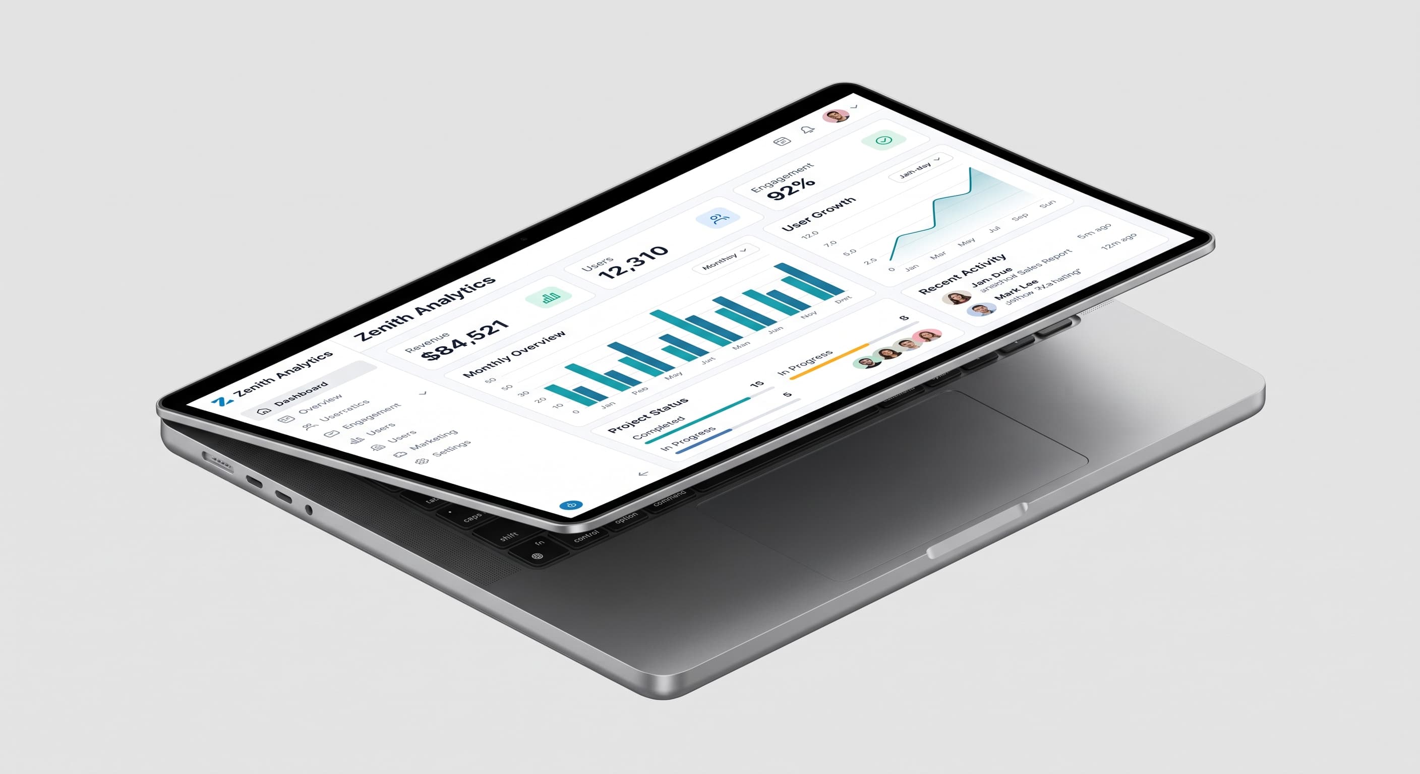 A laptop floating at an angle, displaying an analytics dashboard built by Plurivane Labs